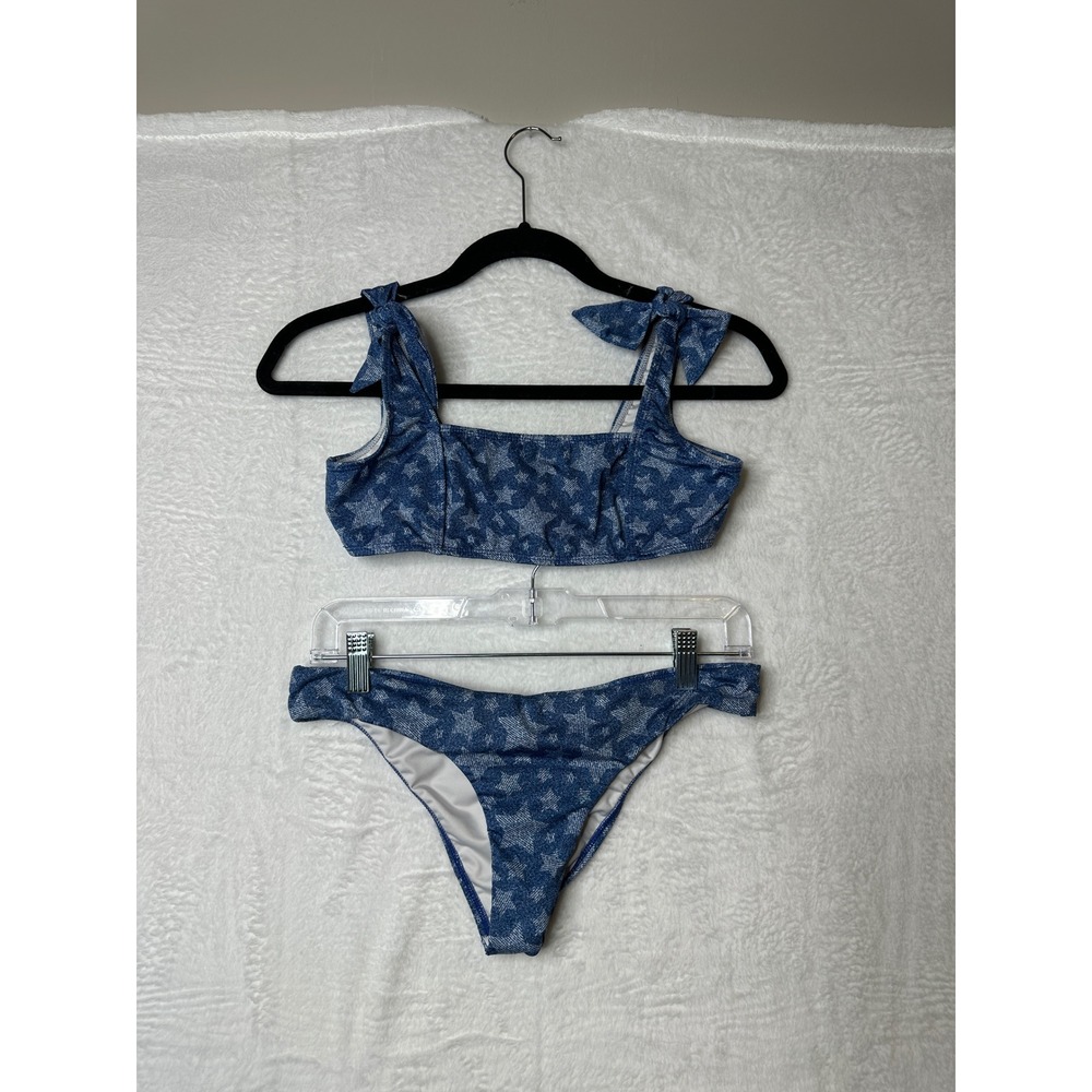 Verdelimon Denim Star Print Bikini Set Tie Shoulder Two Piece Blue Size M